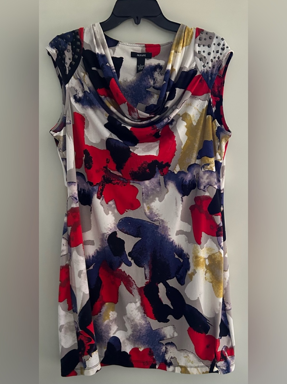Alfani Abstract Print Cowl Neck Sleeveless Dress Size Large Shoulder Studs